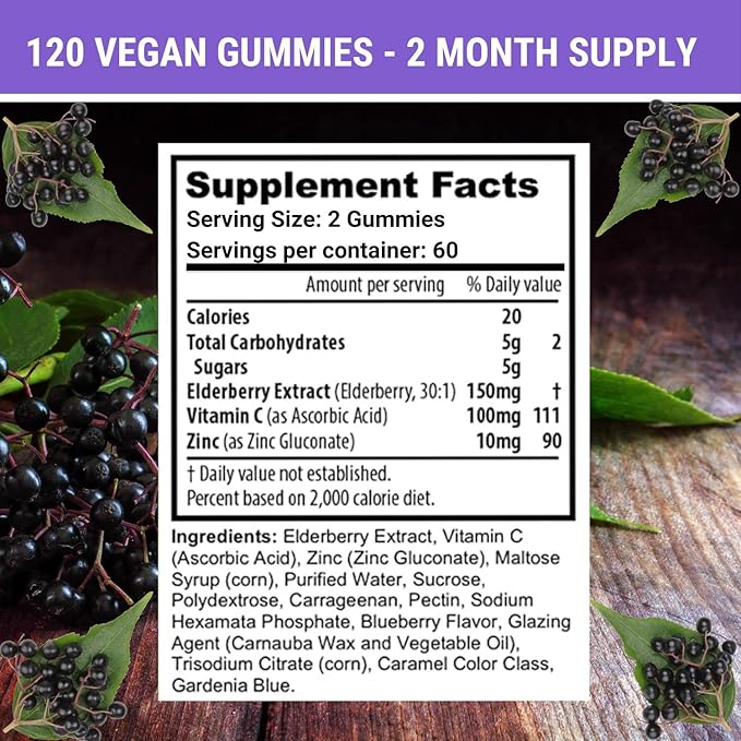 FRESH HEALTHCARE Elderberry Gummies with Vitamin C, Zinc & Sambucus Elderberry 30:1 Extract - 100% Vegan - Immune Support for Adults & Kids - 120 Count Gummy Supplement