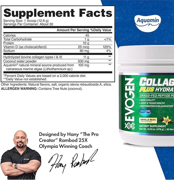 Evogen Collagen Plus Hydration - Grass-Fed Collagen for Women & Men | Collagen Peptides Powder | Collagen Powder Supporting Skin Vitality, Hydration, Joint & Tissue Health | Vanilla Bean | 30 Servings