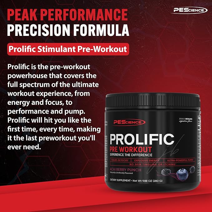 PEScience Prolific Energy Pre Workout – L Citrulline for Nitric Oxide, Rhodiola & CDP Choline Nootropic for Focus – Preworkout for Men & Women – 40 Scoops, Acai Berry Punch