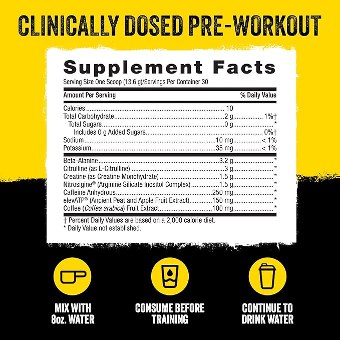 BEYOND RAW LIT Pre Workout Powder Supplement for Men and Women, Energy, Focus, Endurance, Pumps, Nitric Oxide Boost, 250mg Caffeine, Creatine, Beta Alanine, Blue Raspberry 30 Servings