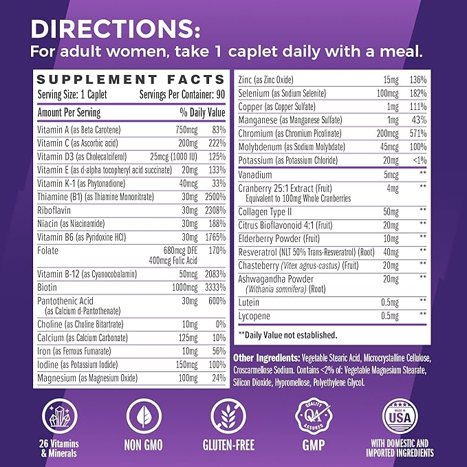 Vitamin World Ultra 360 Multivitamin for Women One Daily, Women's Multivitamin with Collagen, Ashwagandha & Antioxidants, Supplement with Vitamin A, B, C & D for Energy & Immune Support, 90 Caplets