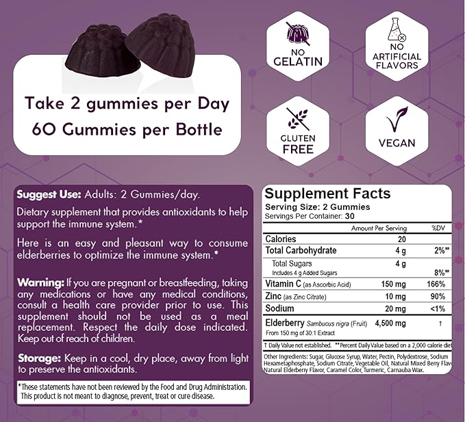 Immunia Elderberry Gummies. for Optimal Immune Support. Highly Concentrated of Elderberry (4,500 mg/2 Gummies). with Vitamin C & Zinc. Antioxidant. Gelatin-Free. Delicious. 60 Gummies