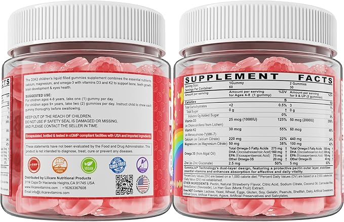 Kids Vitamin D3 K2 + Calcium Gummies (Made in USA) for Adults, 1000IU/2000IU D3 + K2(MK-7) with Magnesium & Algal Omega 3(EPA/DHA) for Bones Teeth Muscles Brain, Low-dose Vitamins, Sugar-Free,60 Chews