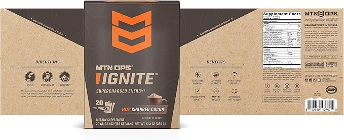 MTN OPS Hot Ignite Instant Coffee Nootropic & L-Arginine L-Citrulline for Cognitive Clarity, Mental Focus & Nitric-Oxide Boost | 200mg Caffeine per Serving, 20 Servings | Charged Cocoa Trail Packs