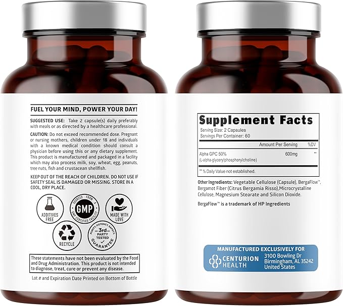 Number One Nutrition Premium Alpha GPC Choline Capsules 600mg, Natural Brain Supplement to Support Focus, Memory, Clarity and Energy, 120 Veg Caps