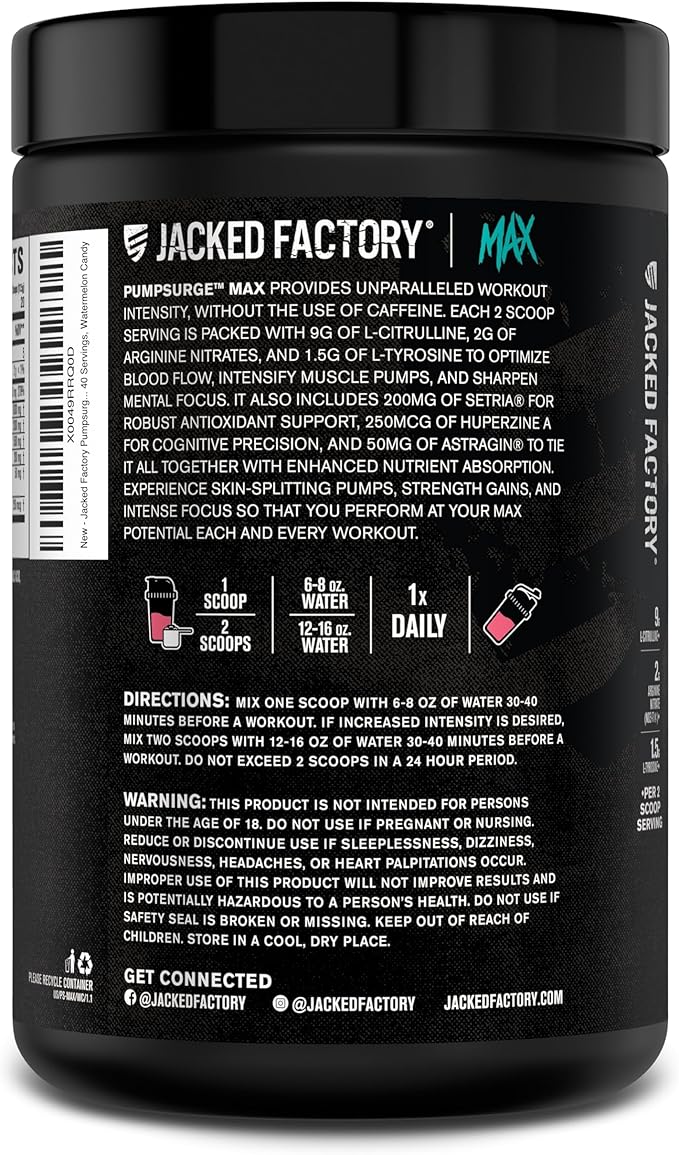Jacked Factory Pumpsurge Max Stim Free Pre Workout - High-Performance Caffeine Free Pre Workout with L-Citrulline, N03-T Arginine Nitrate & Glutathione - 40 Servings, Watermelon Candy