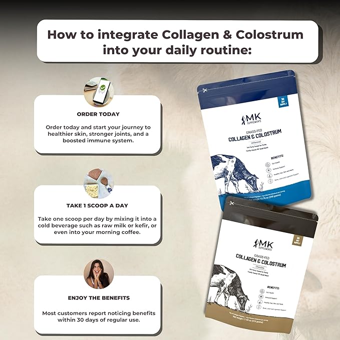 MK Supplements Grass-Fed Collagen & Colostrum Supplement, Chocolate (30 Servings) - Non-GMO, Gluten Free, Supports Gut Health, Immunity, Hair, Skin, Nails, Joints