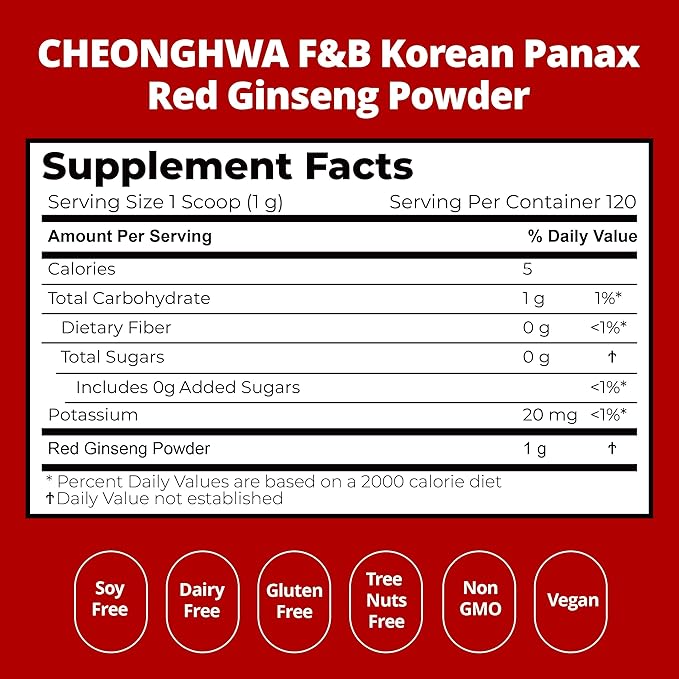 CHEONGHWA F&B Panax Ginseng Powder, 10% Ginsenoside (Total 20,000mg, 4 Month Supply), 4.23oz, +5 Year Grown Korean Red Panax Ginseng, Focus & Immune Support, Ultra-fine Powder, Non-GMO