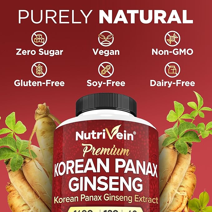 Nutrivein Premium Korean Red Panax Ginseng Supplement 1600 mg - 120 caps - Powerful Korean Red Ginseng for Vitality, Clarity, Performance, & Defenses