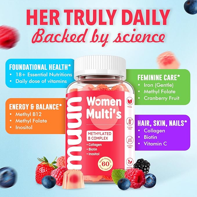 Muun Methylated Multivitamin Gummy for Women 14+, Beauty, Focus & Energy Support, Vitamin B Complex, Low Iron, Methyl Folate, Sugar-Free, Non-GMO