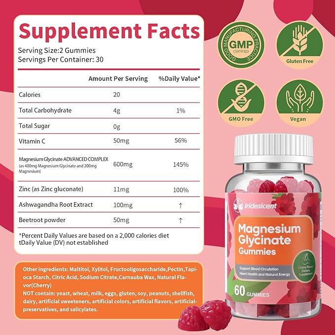 Magnesium Glycinate Gummies 400mg, Sugar Free Magnesium Supplement w/Ashwagandha, Zinc, Vegan Magnesium Glycinate Supplement for Adults - 120 Cherry Gummies