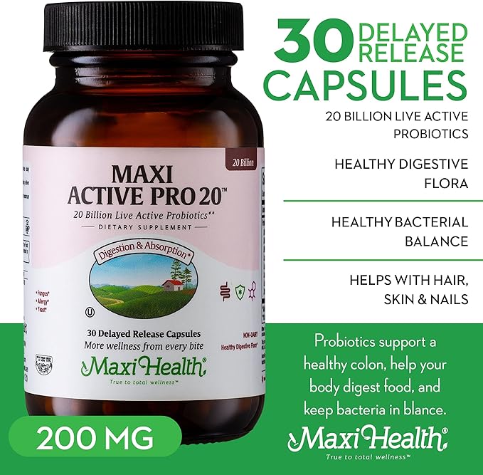 Maxi Health Probiotics for Digestive Health and Gut – 15 Strains, 20 Billion CFU Active Organisms - Probiotics for Men and Women – Daily Probiotic for Digestive Support, 30 Capsules