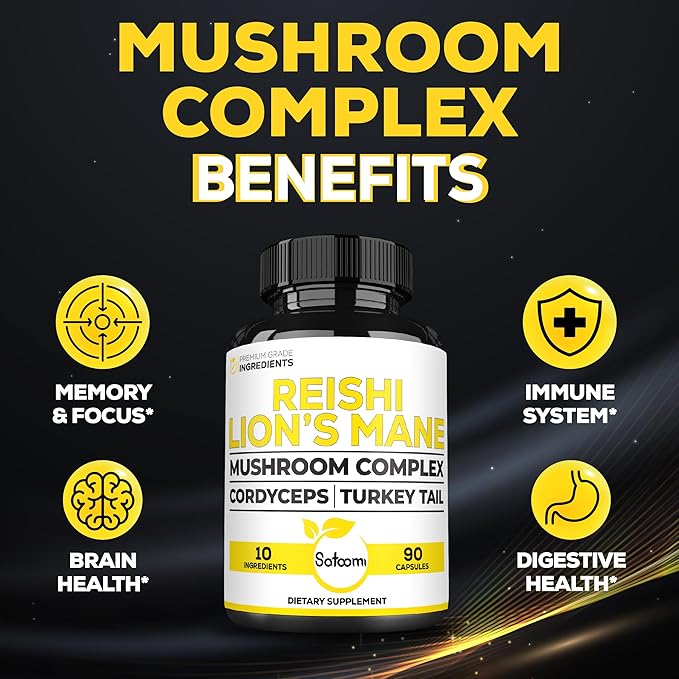 Satoomi Reishi Supplement Complex 5000Mg - 10in1 Combined with Lions Mane, Cordyceps Sinensis, Chaga Mushroom & Others - 90 Capsules for 3 Months