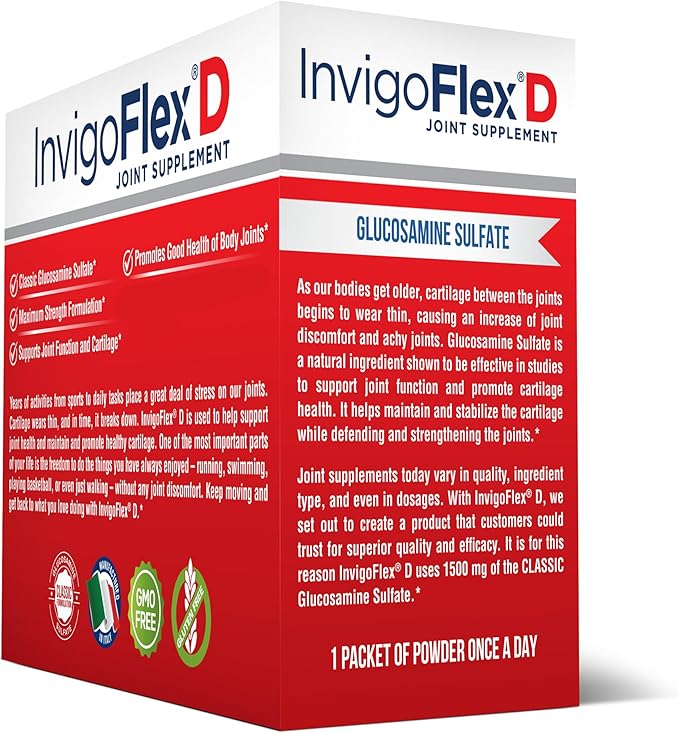 INVIGOFLEX® D - 1500mg of Glucosamine Sulfate Powder (Classic Formulation) - Premium Joint Supplement for Knees, Hands, Back, and Hip Support Packets | 30 Packets