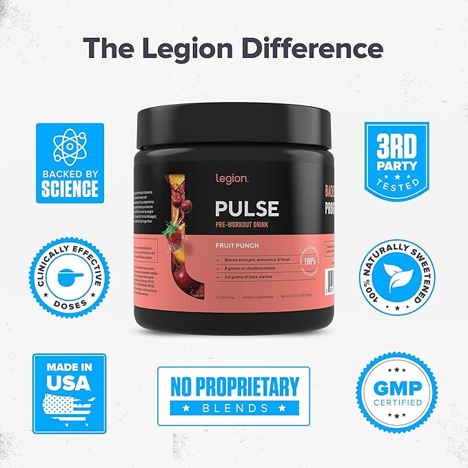 LEGION- All Natural Nitric Oxide Preworkout Drink to Boost Energy, Creatine Free, Naturally Sweetened, Beta Alanine, Citrulline, Alpha GPC (Fruit Punch 10 Servings)