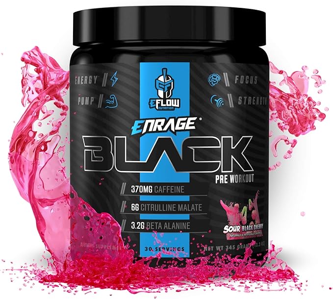 eFlow Nutrition Enrage Black High Stimulant Pre Workout Supplement - Preworkout Powder to Boost Energy, Pumps and Strength - 4 Flavors (30 Servings) (Sour Black Cherry)