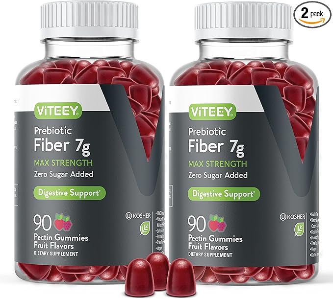 VITEEY Prebiotic Fiber Gummies for Adults, 7g - Zero Sugar Added - Fiber Supplement for Digestive Health Regularity & Natural Weight Support - Vegan, Gelatin Free - Chewable Fruit Flavored Gummy