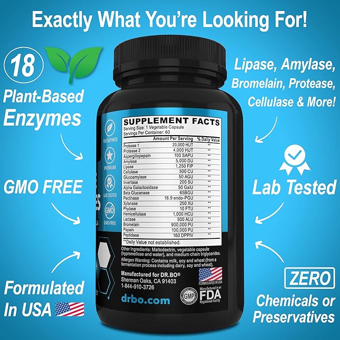 Digestive Enzymes Supplements Plant Based - Pancreatic & Proteolytic Super Digestion Enzyme Supplement Pills Aid for Bloating Relief for Women & Men - Lipase, Amylase, Bromelain, Protease & Cellulase
