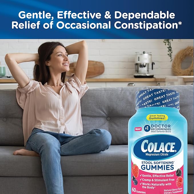 Colace Stool Softener Gummies, Gentle Dependable Constipation Relief Magnesium Citrate Gummies, No.1 Doctor Recommended Stool Softener Brand, Berry Flavored 60ct