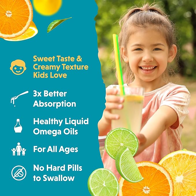 Barlean's Omega Pals Lipsmackin' Citrus Flavored Omega-3 for Kids, Yummy Children's Liquid Fish Oil Supplement with 750 mg of EPA & DHA for Brain & Eye Health, 8 oz
