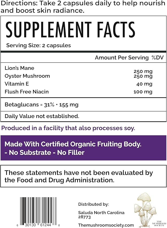 Skin Rejuvenation Supplement - Lion’s Mane, Oyster Mushroom, Vitamin E & Flush Free Niacin -Supports Skin Health & Radiance - 60 Capsules