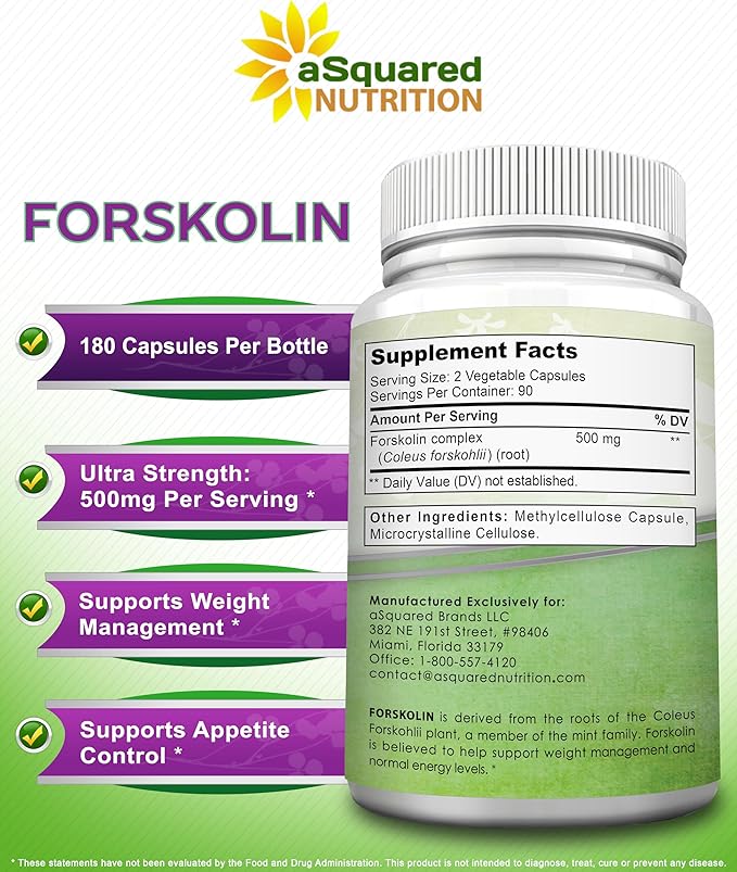 aSquared Nutrition Forskolin 500mg Max Strength-180 Capsules,Forskolin Supplement for Pure Weight Loss Fuel, Coleus Forskohlii Root - Forskolin Diet Pills, Belly Buster Fat Burner 2X Slim Trim Lose