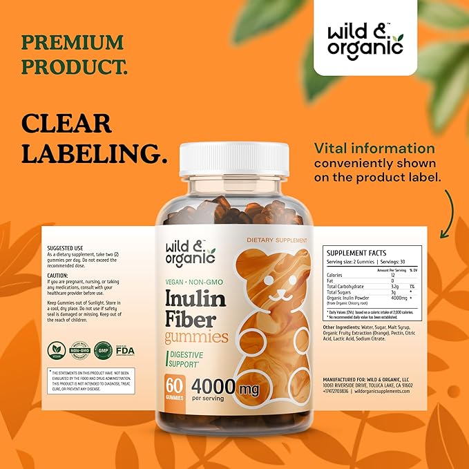 Wild & Organic Inulin Fiber Gummies 4000mg - Digestive Support w/Chicory Root - Soluble Fiber Supplement w/Inulin Powder - Prebiotics for Gut Support - 60 Prebiotic Gummies