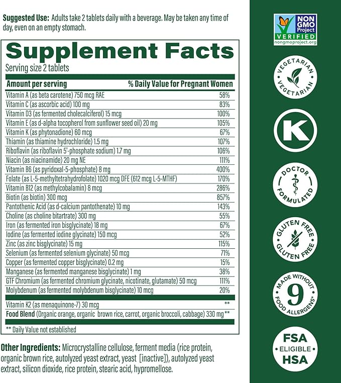 MegaFood Baby & Me 2 Prenatal Multi - Prenatal Vitamins for Women with Choline, Methyl Folate, Iron - Gluten-Free, Vegetarian, Pre Natal Multivitamin for Women - 60 Tablets, 30 Servings