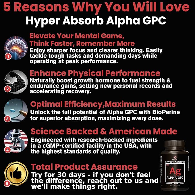 Alpha GPC Supplement & BioPerine for Hyper Absorption - 120 Count, 600mg Serving - Nootropics for Memory, Focus, Energy, Motivation - Choline Supplements to Boost Acetylcholine, USA Made by RevSci