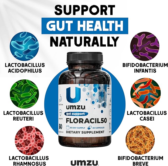 UMZU Floracil50 Probiotic for Women + Men - 50 Billion CFU for Gut Health, Acidophilus, Rhamnousus, Digestion, Gut Health, Immunity, Energy - 30-Day Supply (30 Capsules)