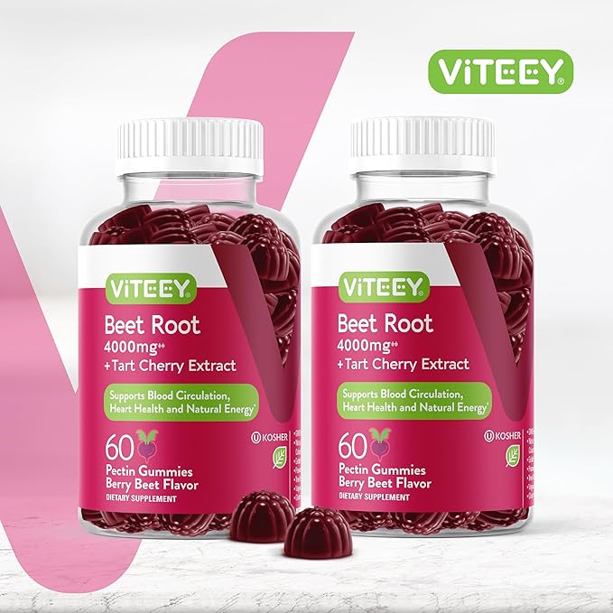 Viteey Beet Root Gummies 4000mg with Tart Cherry - for Healthy Blood Pressure Support - Vegan, Gelatin Free, Gluten Free - Tasty Chewable Berry Beet Flavored Gummy