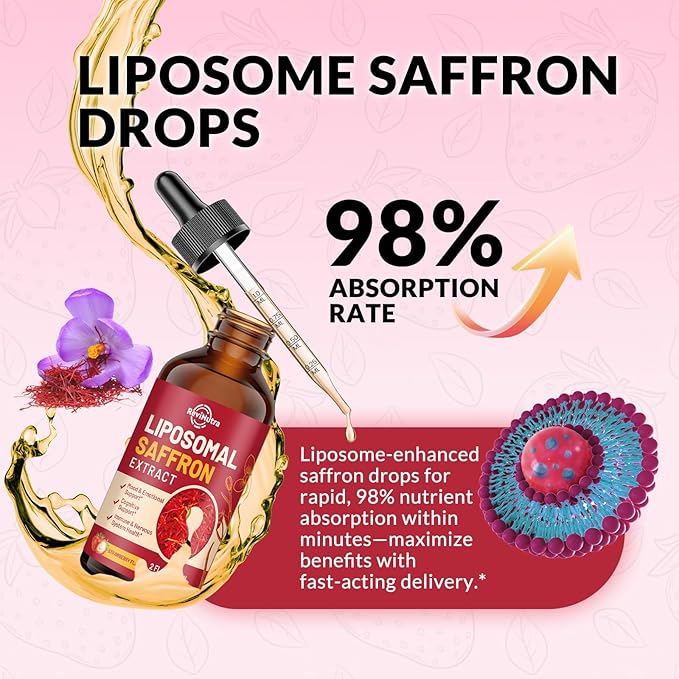 Saffron Supplements - 88.5mg Saffron Extract Liposomal Liquid Drops with Magnesium, Zinc, Ashwagandha, L-Theanine, Vitamin B6, D3 for Antioxidant Mood Energy Vision & Focus, Strawberry Flavor 2 Fl Oz