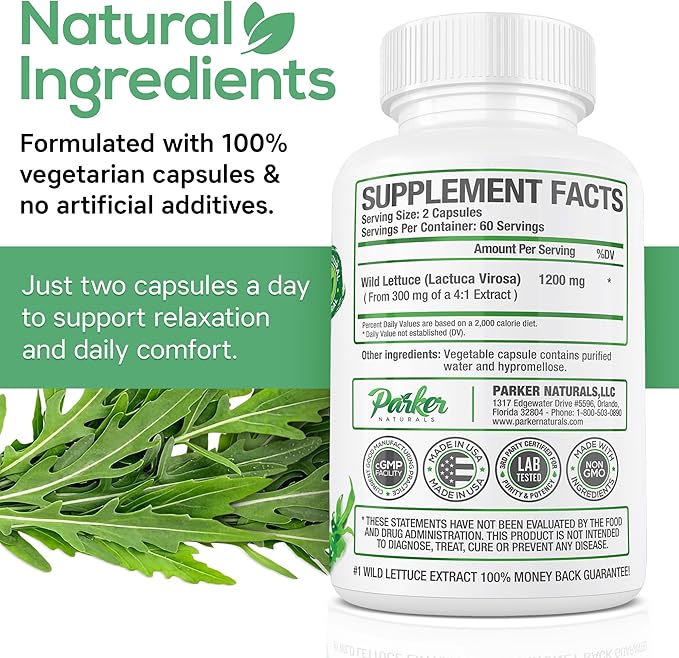 Wild Lettuce Extract – Herbal Sleep Supplement 1200mg, 4:1 Concentrated, Vegan Capsules, Soothes Discomfort, 60 Servings, 120 Count