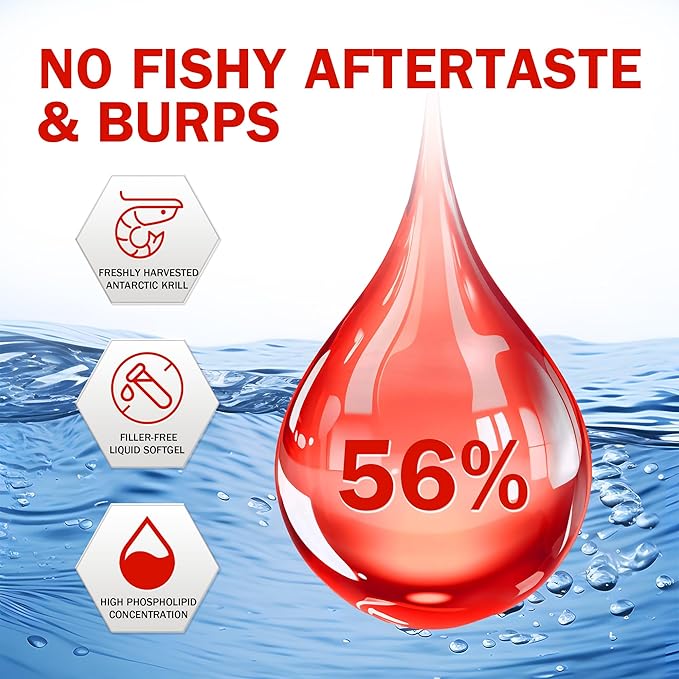Krill Oil Omega 3 Supplement 1000mg 60 Softgels EPA & DHA, Pure Antarctic Krill Oil with Astaxanthin and 56% Phospholipids Third Party Tested