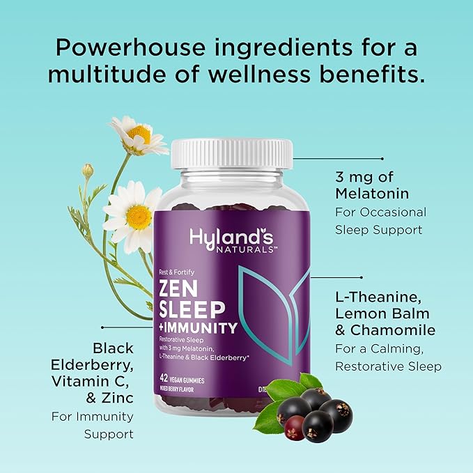 Hyland's Rest and Fortify Zen Sleep Aid and Immune Support, 42 Vegan Gummies, with Melatonin and L-Theanine for Sleep Support and Organic Black Elderberry, Vitamin C and Zinc