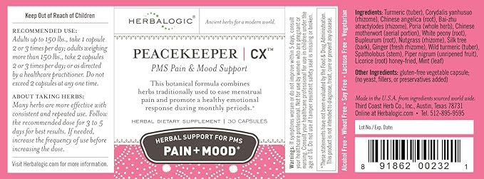 Peacekeeper CX Herb Capsules - Reduces PMS Related Mood Swings - Reduces Cramps & Pain Associated with Monthly Periods - Contains Turmeric & Corydalis - 30 Cap Count