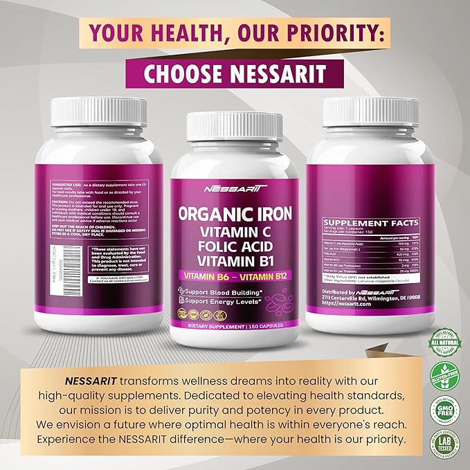 Organic Iron High Potency with Vitamin C, Folic Acid - High-Absorption Formula Vitamin B1, Vitamin B6, Vitamin B12 - Support Blood Building - 150 Count - Made & Tested in The USA