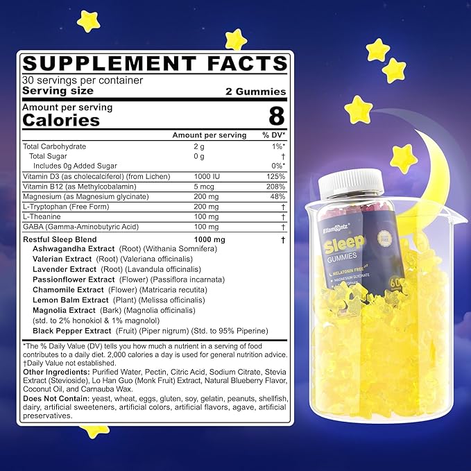 Melatonin Free Sleep Aid Gummies for Adults, Sugar Free Sleeping Gummy No Melatonin, Natural Calm Gummies with Magnesium Glycinate, L-Tryptophan, L-Theanine, GABA, Ashwagandha, Valerian, 120cts