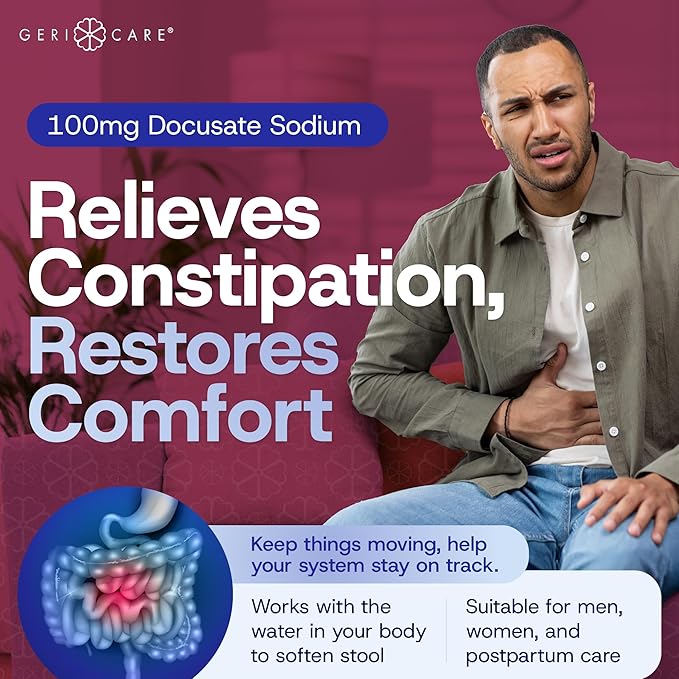 GeriCare Docusate Sodium Stool Softeners, Best Stool Softener for Daily use for Women, Men, and Elderly - Ideal for Constipation Relief 100mg Crushable Tablets. (200 Count) Made in The USA.
