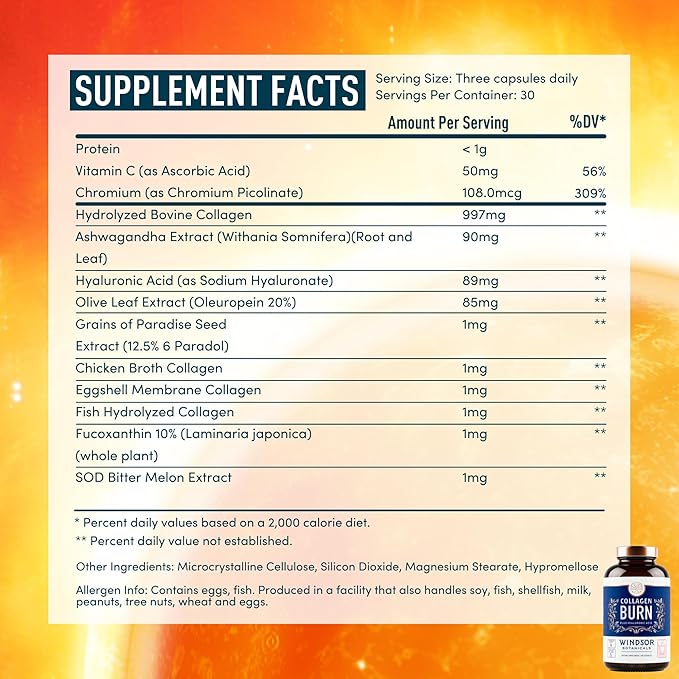 Thermogenic Multi Collagen Burn Capsules - Hydrating Hyaluronic Acid, Marine Collagen Supplements for Women and Men & Vitamin C - Hydrolyzed Collagen Complex 5 Types- 2-Pack, 180 Pills