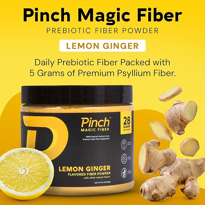 Pinch Magic Fiber Supplement Powder | Lemon Ginger Flavored Psyllium Husk Powder for Digestive Health & Gut Support | Low Sugar Supplement for Keto & Vegan Diets | USA-Made | 28-Day Supply