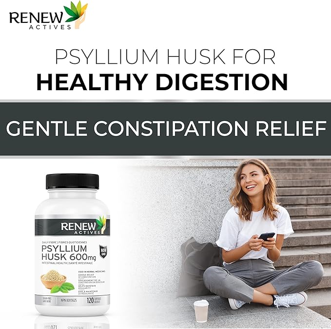 Renew Actives Psyllium Husk 1200MG per 2 Capsules – Bulk-Forming Laxative & Soluble Fiber for Digestive Health, Regularity & Adult Wellness – Pure Ingredients – Made in Canada – 120 Capsules