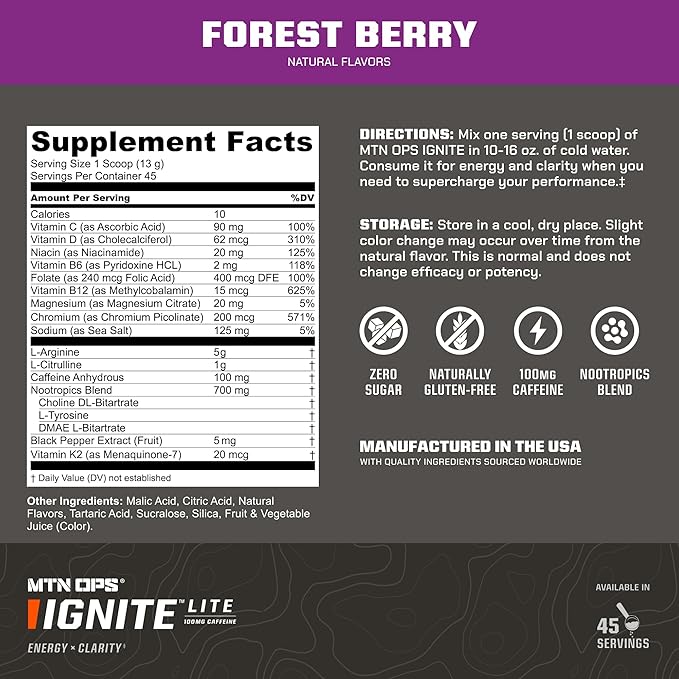 MTN OPS Ignite Lite Energy Drink Powder Gluten Free Nitric Oxide Supplement Drink Mix, L Arginine, L Citrulline, Caffeine & Nootropic Sugar Free Drink Mix, 45 Servings, Forest Berry