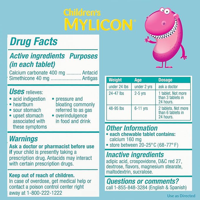 MYLICON Children's Tummy Relief for Kids, 24 Cherry Flavored Chewable Tablets