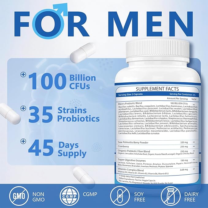 ZEBORA Probiotics for Men 100 Billion CFU - Probiotics for Digestive Health, Men's Probiotic Supplement, Prebiotics & Enzymes, for Prostate Health with Saw Palmetto | 90 Veg Capsules