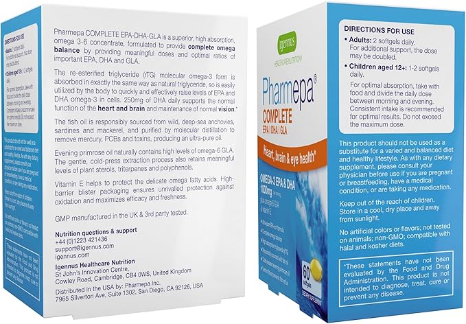 Igennus Pharmepa Complete EPA 668mg & DHA 334mg Omega-3 Fatty Acids 1000mg, rTG Form, High Potency Fish Oil Plus Omega-6 & 9 from GLA Evening Primrose Oil, IFOS Certified, Lemon Flavor, 60 Softgels