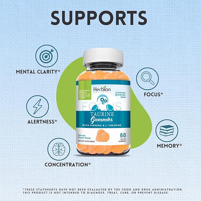HERBION Naturals Taurine Gummies with Ginseng, L-Theanine, Vitamin C, B3, B6, & B12, Support Mental Clarity & Concentration*, Natural Peach Flavor, Gluten-Free, USA Made, 60 Gummies