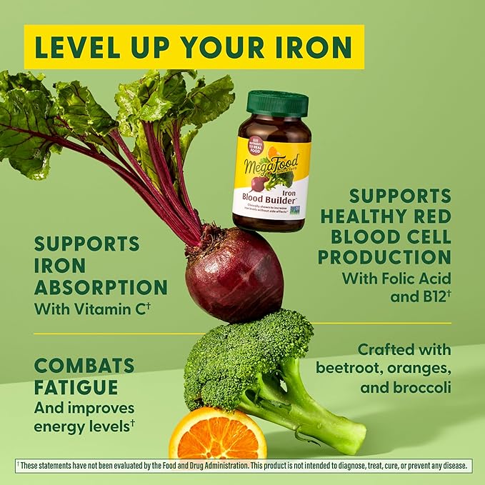 MegaFood Blood Builder Iron Supplement Clinically Shown to Increase Iron Levels Without Side Effects, Vegan Supplement For Women with Vitamin C, Vitamin B12 & Folic Acid, 180 Tablets