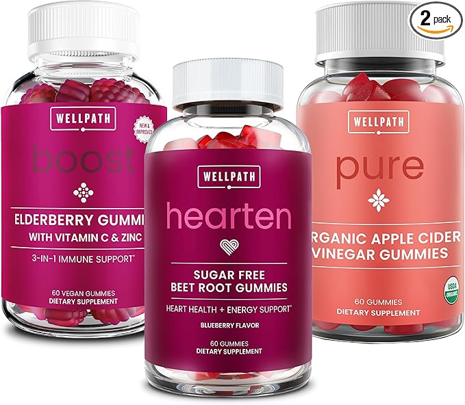 WellPath Boost Elderberry Gummies with Zinc + Beet Root Gummies + Pure ACV Apple Cider Vinegar Gummies, 60 Ct Each