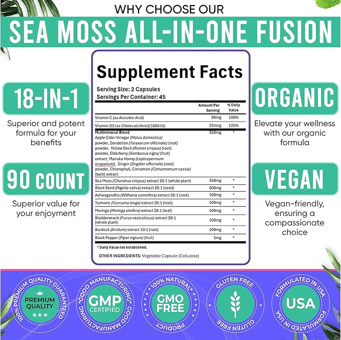 Sea Moss Black Seed Oil Ashwagandha Ginger Capsules. Sea Moss Capsules with Black Seed Oil, Ashwagandha, Turmeric, Moringa, Bladderwrack, Burdock Root, Manuka Honey, Cinnamon. 180 Count